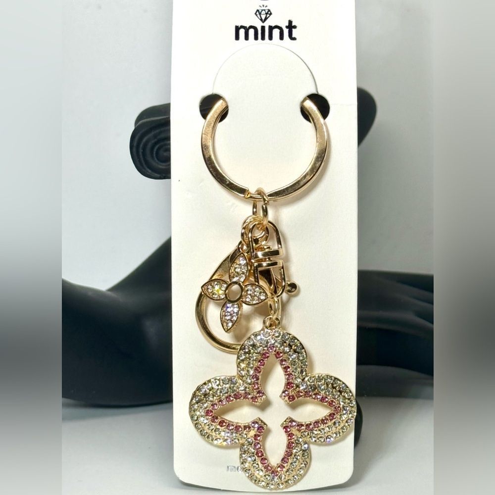BAG CHARM Crystal Clover Keychain Charm - Pink & Gold Accent